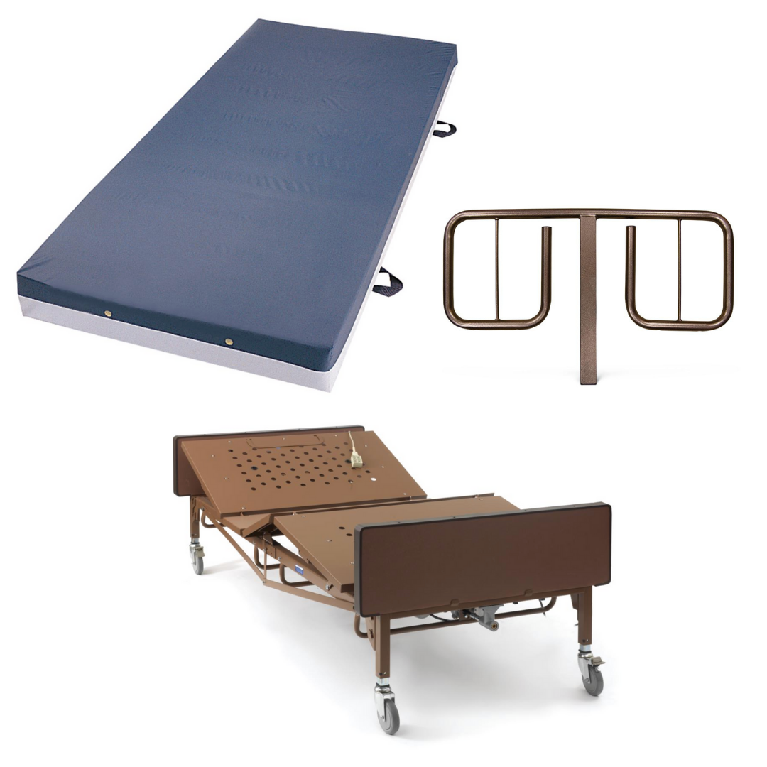 A blue medical mattress, a brown hospital bed rail, and the Medline Bariatric Full Electric Homecare Bed with a durable all-steel frame and wheels are displayed on a white background.